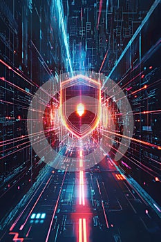 Digital Privacy Shield Visualization with Glowing Security Elements and Protective Lines