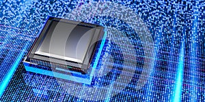 Digital processor chip with binary code background, big data, artificial intelligence, high performance computer technology,