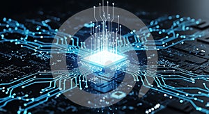 Digital processor with glowing blue data flow on circuit board