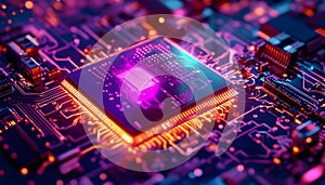 digital processor glowing brightly. Futuristic tech circuit board with light lines, chips. Advanced data processing