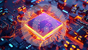 digital processor glowing brightly. Futuristic tech circuit board with light lines, chips. Advanced data processing
