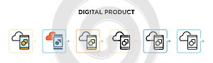 Digital product vector icon in 6 different modern styles. Black, two colored digital product icons designed in filled, outline,