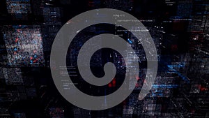 Digital program codes moving asymmetrically on a dark screen. Animation. Visualization of the neural network consuming