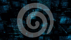 Digital program codes moving asymmetrically on a dark screen. Animation. Visualization of the neural network consuming