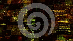 Digital program codes moving asymmetrically on a dark screen. Animation. Visualization of the neural network consuming