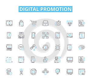 Digital promotion linear icons set. Marketing, Advertising, Branding, Campaigns, CTR, Conversion, Engagement line vector