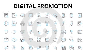 Digital promotion linear icons set. Marketing, Advertising, Branding, Campaigns, CTR, Conversion, Engagement vector
