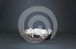 Digital Prop for photographing infant babies, a cozy fantasy nest with soft bedding and decorative white flowers on gray