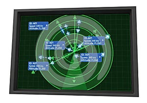 Digital radar screen displaying complex network connections and data points