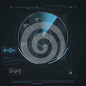 Digital radar screen. Futuristic HUD with datailed panels.