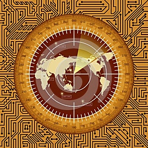 Digital radar screen with world map, targets and circuit board elements of brown, orange, and yellow shades