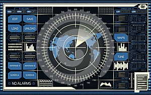 Digital radar screen with world map, targets and futuristic user interface of blue and beige shades on dark background