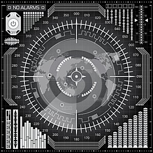 Digital radar screen with world map, targets and futuristic user interface of white, gray and black shades