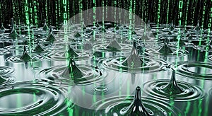 Digital Rain Abstract Binary Code Drops Creating Ripples on Metallic Surface