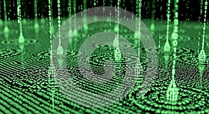 Digital Rain Abstract Green Binary Code Droplets and Ripples on Data Surface