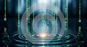 Digital Rain Binary Code Cascading into Rippling Water, Data Flow Concept