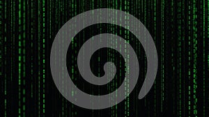 Digital rain of binary code on dark background representing abstract programming or matrix concept