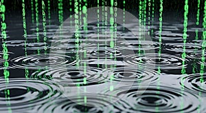 Digital Rain Binary Code Droplets Create Ripples on Dark Water Surface