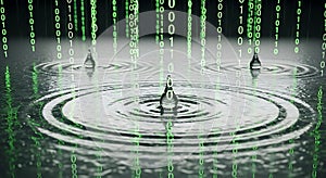 Digital Rain Binary Code Drops Creating Ripples on Water Surface, Technology Concept