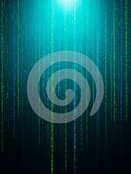 Digital Rain of Binary Code Falling from Bright Light on Dark Background data technology