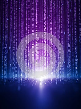 Digital Rain of Binary Code Falling from Bright Light Source on Dark Background data technology