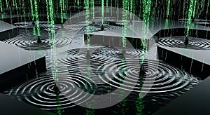 Digital Rain Binary Code Falling into Water Ripples on Dark Surface