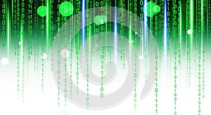Digital rain of binary code with glowing green and blue streaks