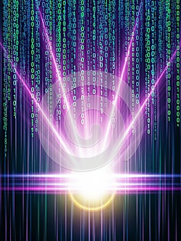 Digital rain of binary code with glowing purple and pink light effects technology data