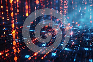 A digital rain of binary code, representing the matrix and data flow in concepts related to cyber security.