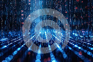 A digital rain of binary code, representing the matrix and data flow in concepts related to cyber security.