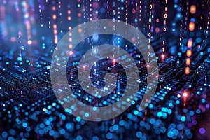 A digital rain of binary code, representing the matrix and data flow in concepts related to cyber security.