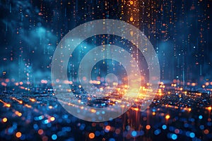 A digital rain of binary code, representing the matrix and data flow in concepts related to cyber security.