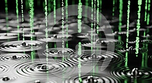 Digital Rain Drops Create Ripples on Dark Water, Abstract Binary Code Concept