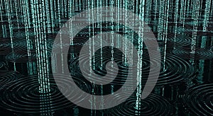 Digital Rain Effect Binary Code Falling into Water Ripples, Futuristic Technology Concept