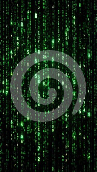 Digital rain falling with green numbers and code