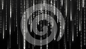 Digital rain of glowing binary code cascading down a dark background, abstract technology concept