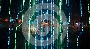 Digital Rain Glowing Binary Code Data Streams on Wet Glass Background