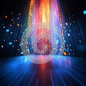 Digital Rain, Glowing Particles Flowing Downwards, Abstract Data Stream Background, 3D Render