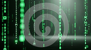 Digital rain of green binary code falling data streams, abstract technology background effect