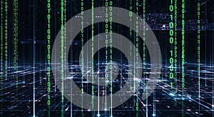 Digital rain of green binary code 0s and 1s in a futuristic cyberspace network grid