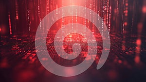 Digital rain with red glowing binary code, abstract technology background
