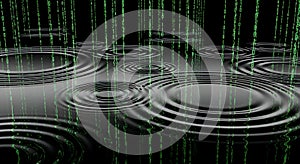 Digital Rain with Ripples in Water Binary Code Falling into Dark Water Surface