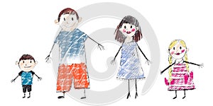Digital raster illustration cartoon family in color on white background. Dad, mom, son and daughter in summer clothes