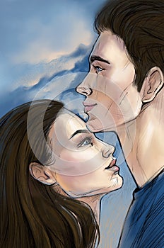 Digital raster illustration man and woman facing each other in blue, beige and brown color for advertisement