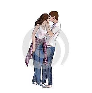 Digital raster illustration man and woman are hugging in blue, beige and brown color isolated objects on white background for