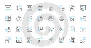 Digital reality linear icons set. Simulation, Virtuality, Artificiality, Cybernetics, Augmentation, Cyberspace