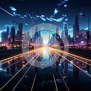 Digital reality unfolds 3D rendered highway in a metaverse cityscape