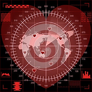 Digital red radar screen of heart shape with world map, targets and futuristic user interface on black background