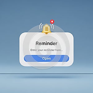 Digital Reminder Notification Pop-up with Bell Icon and Open Button alert message