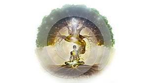 Digital render of a conceptual tree of life meditation sign on a white background